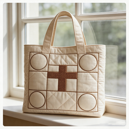 Quilted Checkerboard & Cross Tote Bag: Minimalist Embroidered Style for Daily Carry Quilted Tote Bag