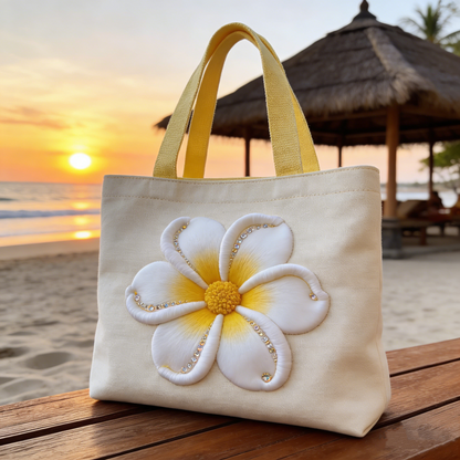 Coastal Floral Embroidery Canvas Tote Bag