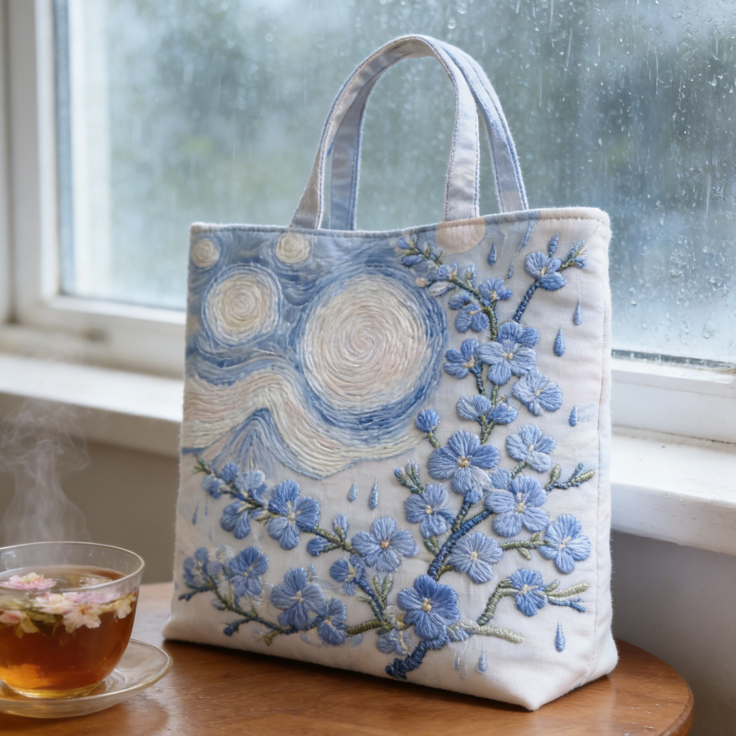 Night Blue Blossom Quilted Tote Bag