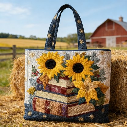 Sunflower & Stacked Books Quilted Tote Bag