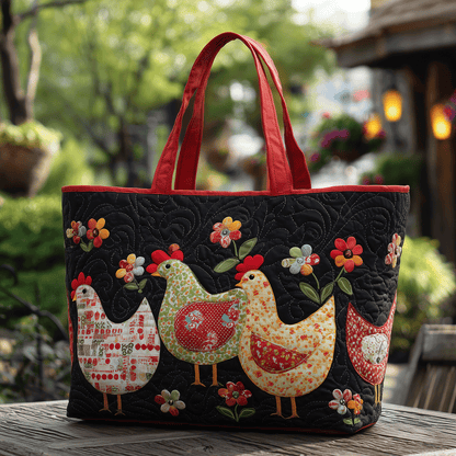Whimsical Hens Quilted Tote Bag