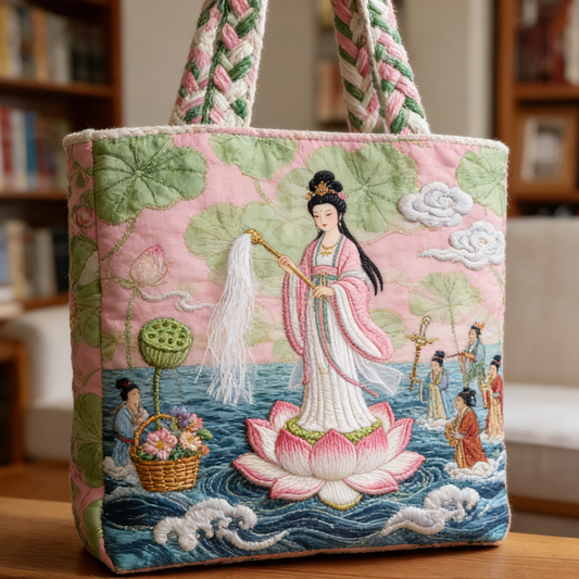 Quilted Lotus Goddess Chinese Tote Bag