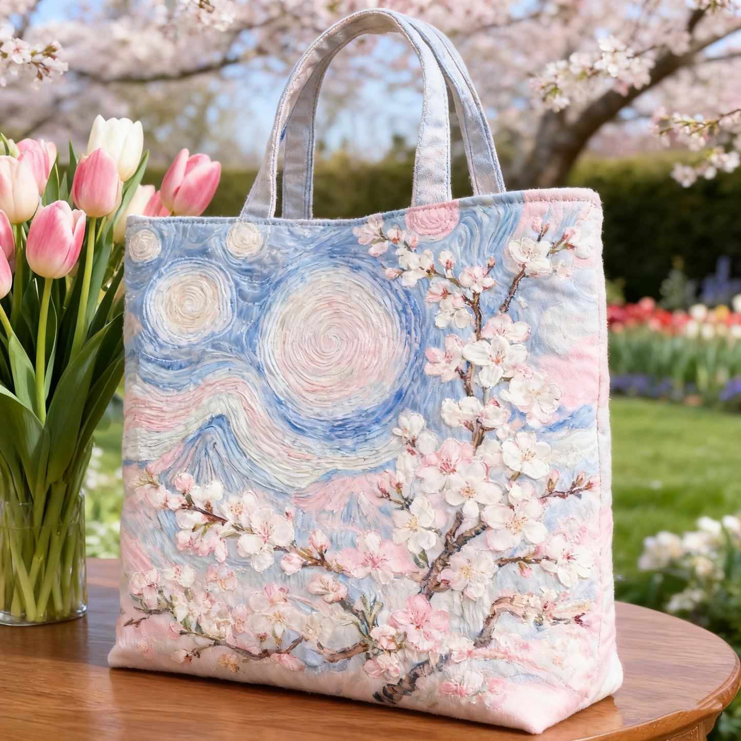 Embroidered Cherry Blossom Starry Night Canvas Tote Bag