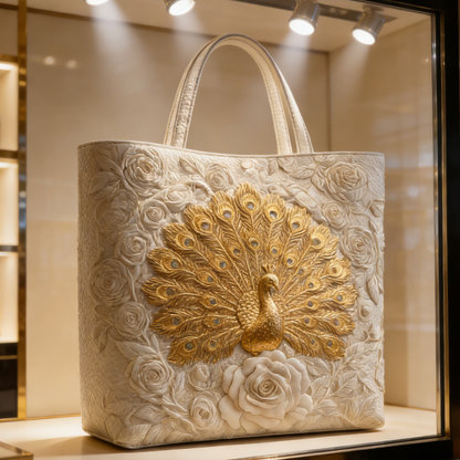 Golden Peacock Embossed Canvas Tote Bag