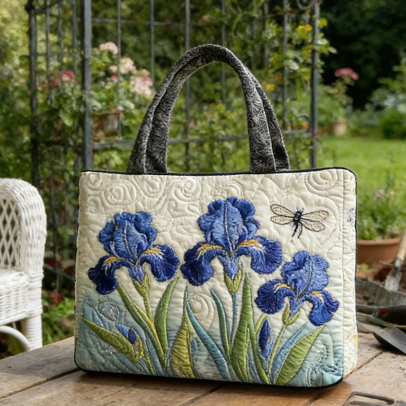 Fresh Iris & Dragonfly  Quilted Tote Bag