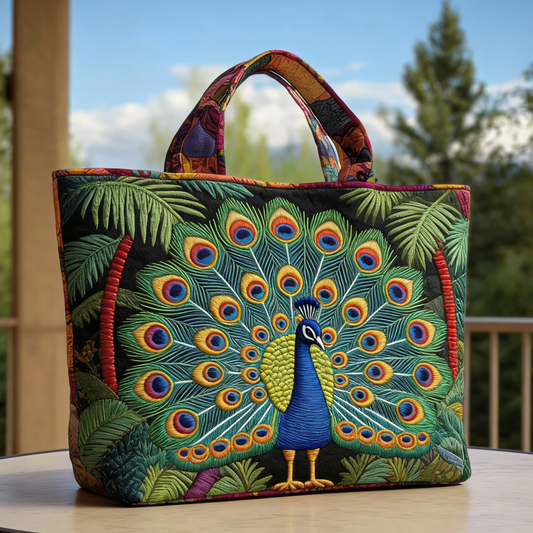Peacock Feather Quilted Tote Bag