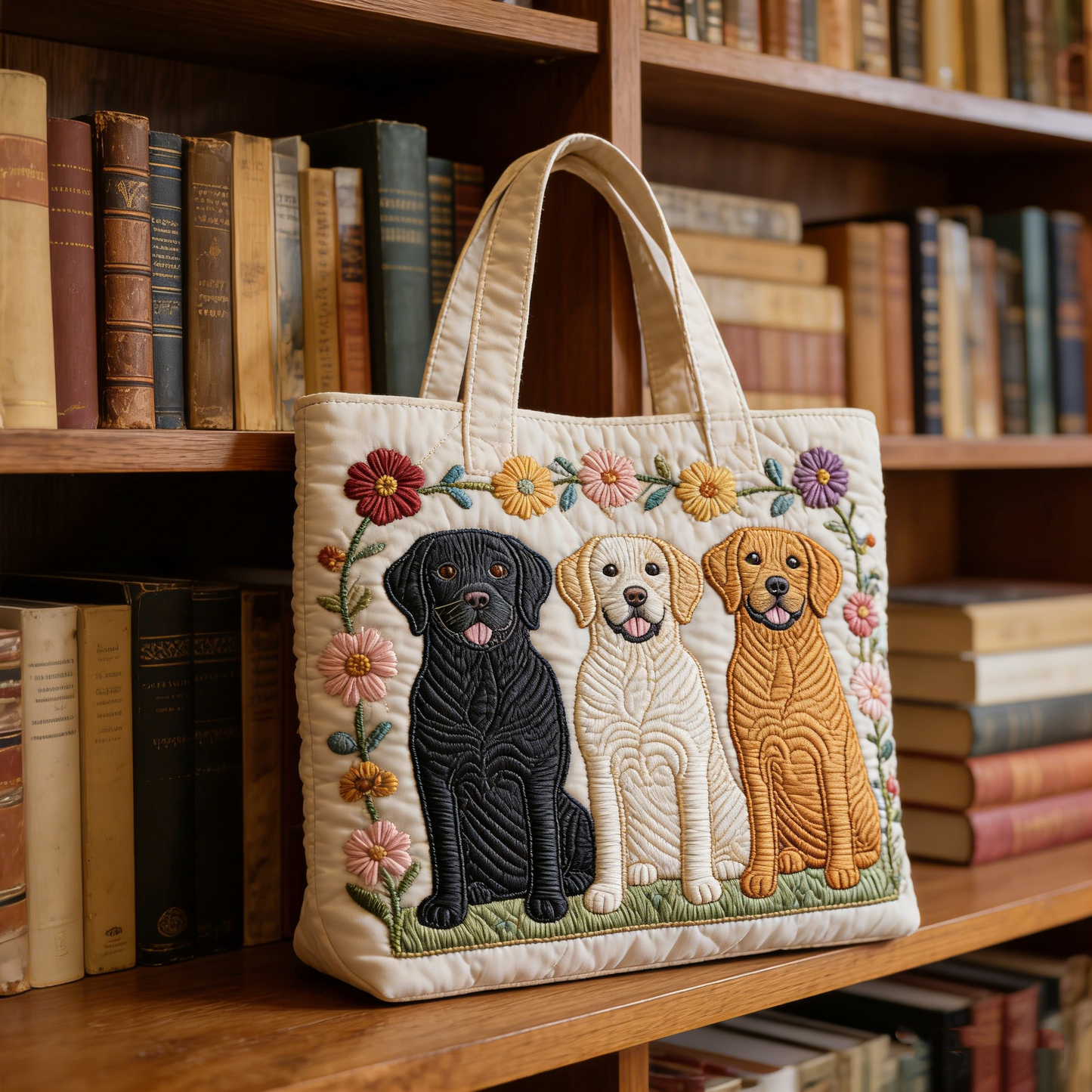 Stitched Labrador Retriever Tote Bag: Cozy Quilted Style with Colorful Pup & Flower Design Quilted Tote Bag