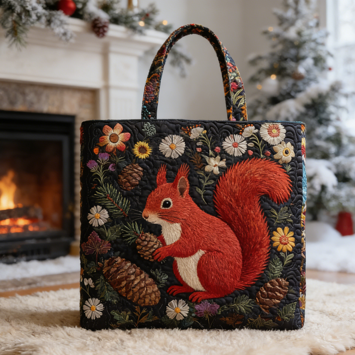 Winter Squirrel Pinecone Quilted Tote Bag