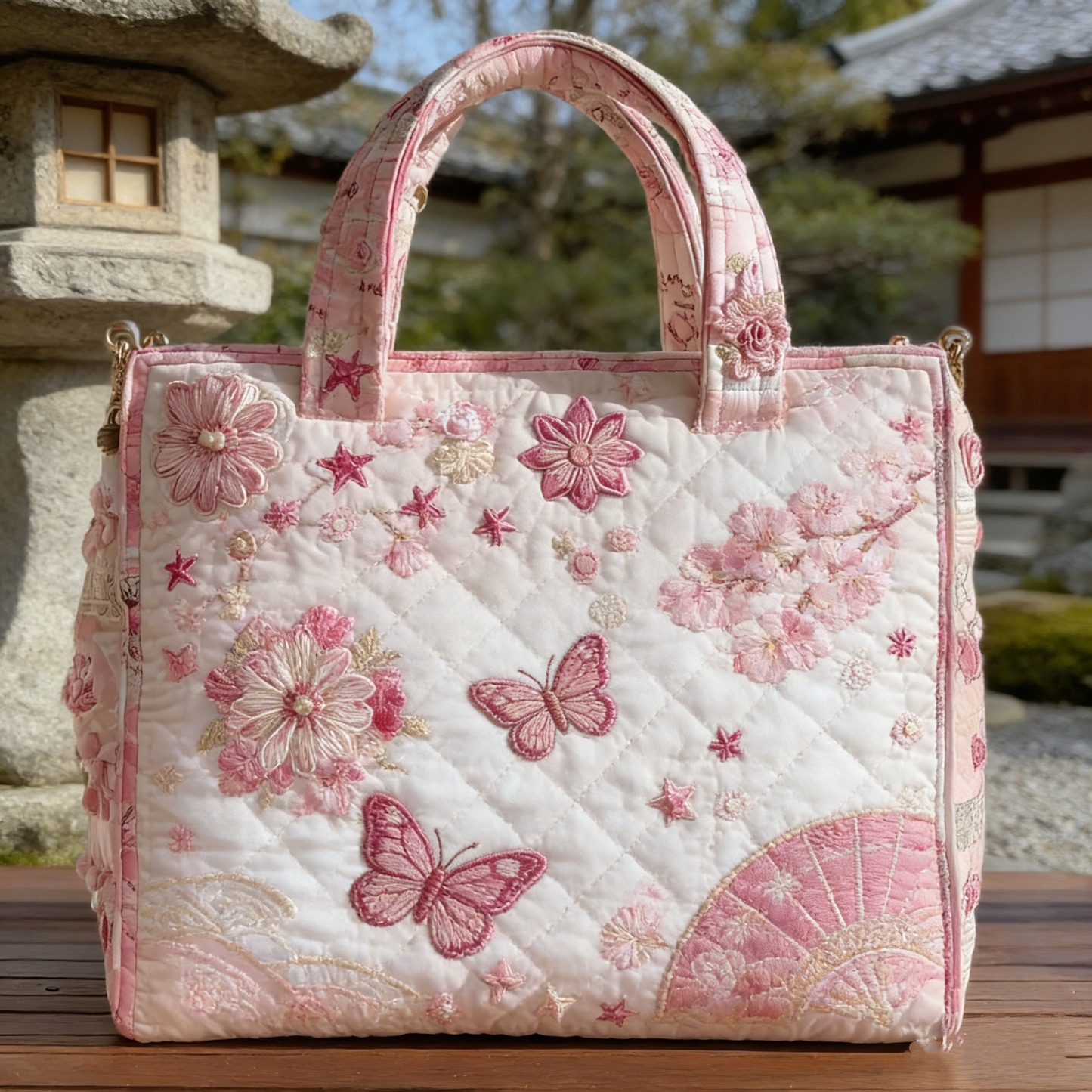 Cherry Blossom & Butterfly Quilted Tote Bag
