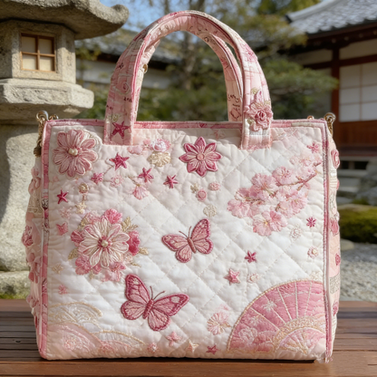 Cherry Blossom & Butterfly Quilted Tote Bag