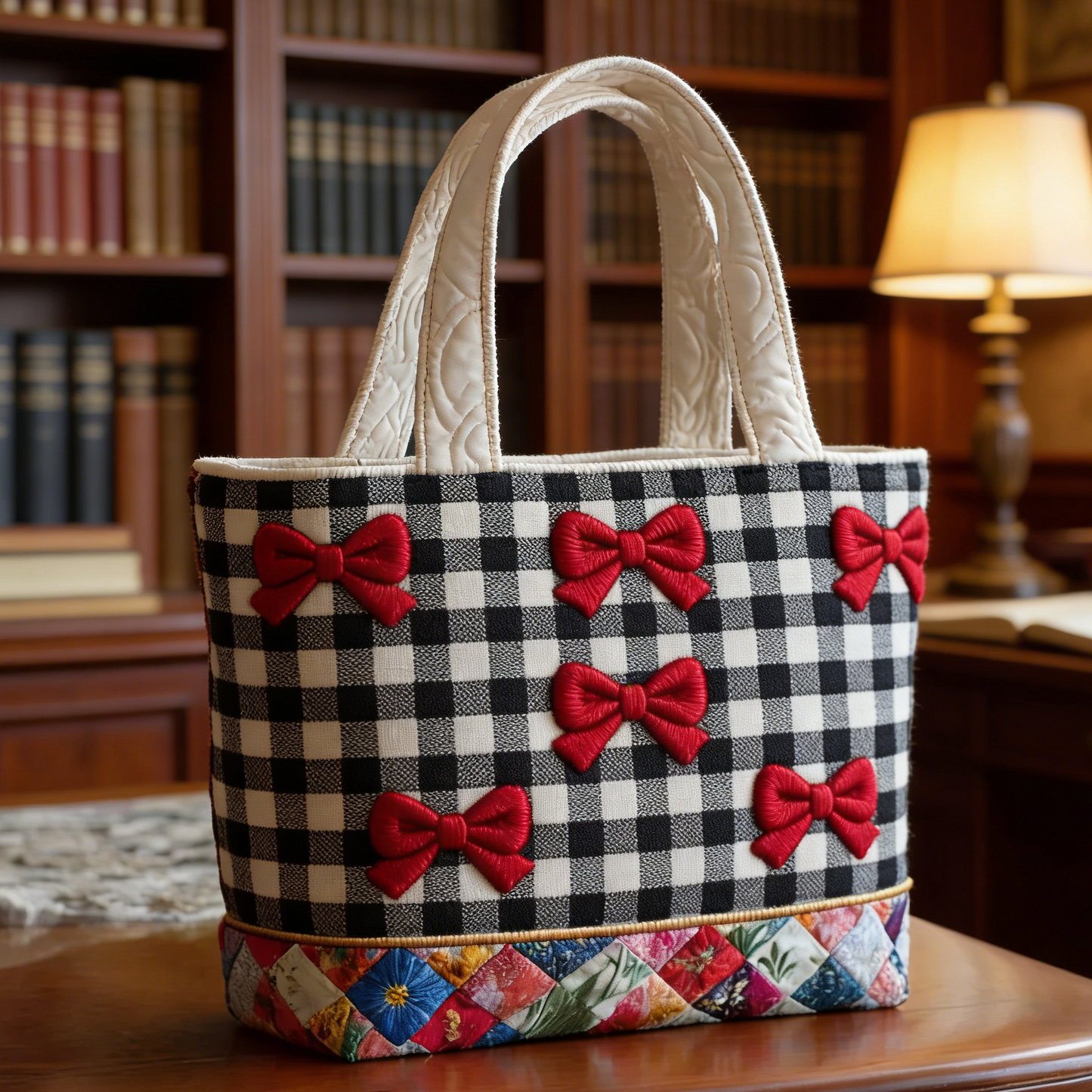 Red Bow Gingham Quilted Tote Bag