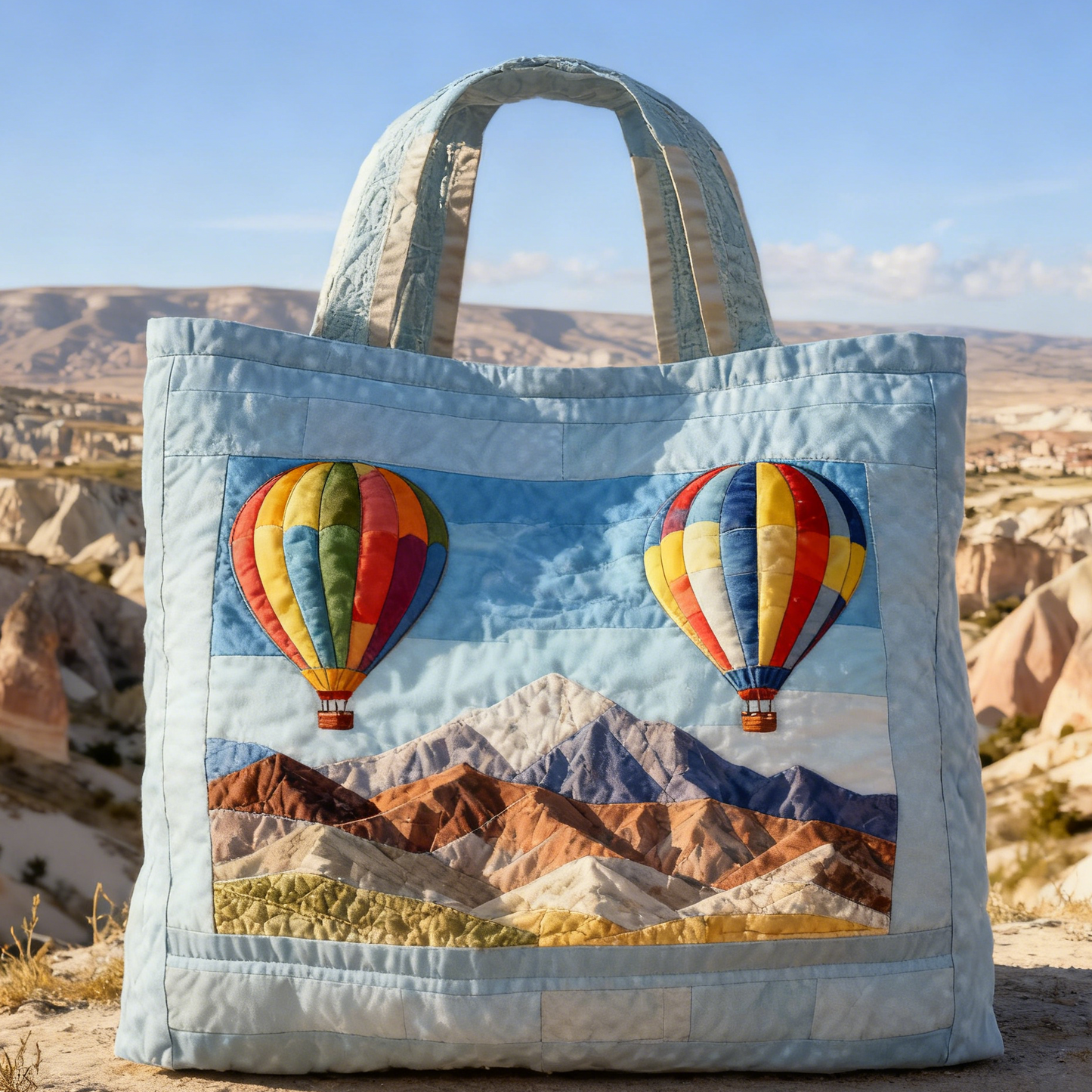 Pale Blue Hot Air Balloon Quilted Tote Bag