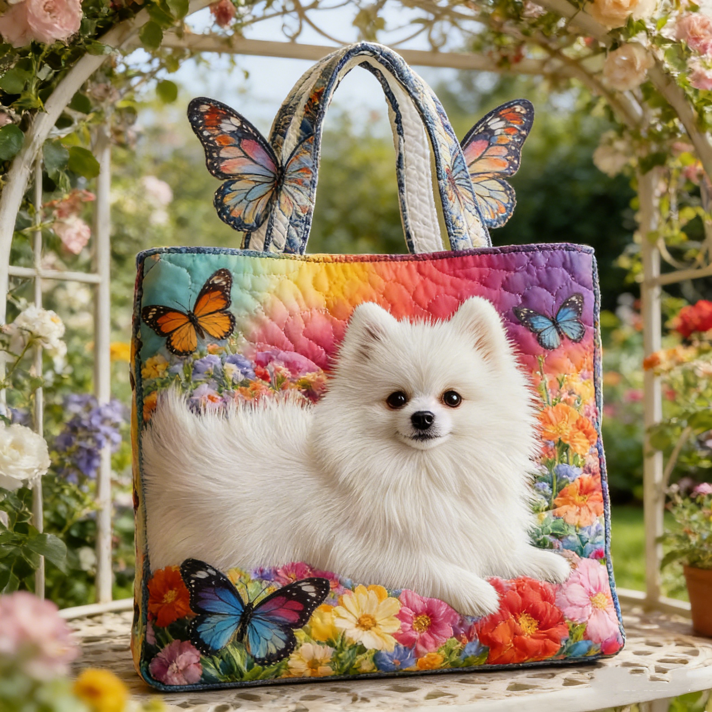 Pomeranian Garden Quilted Tote Bag