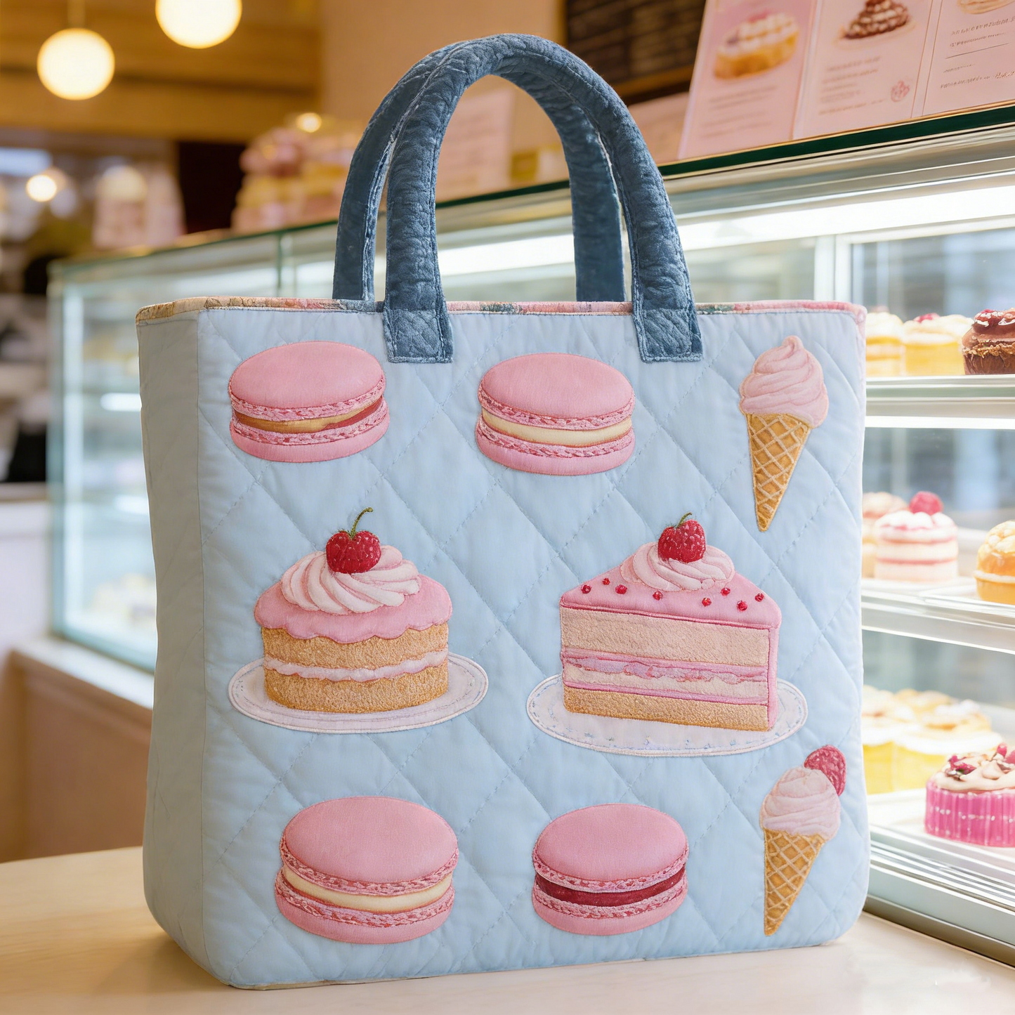 Light Blue & Pastry Quilted Tote Bag