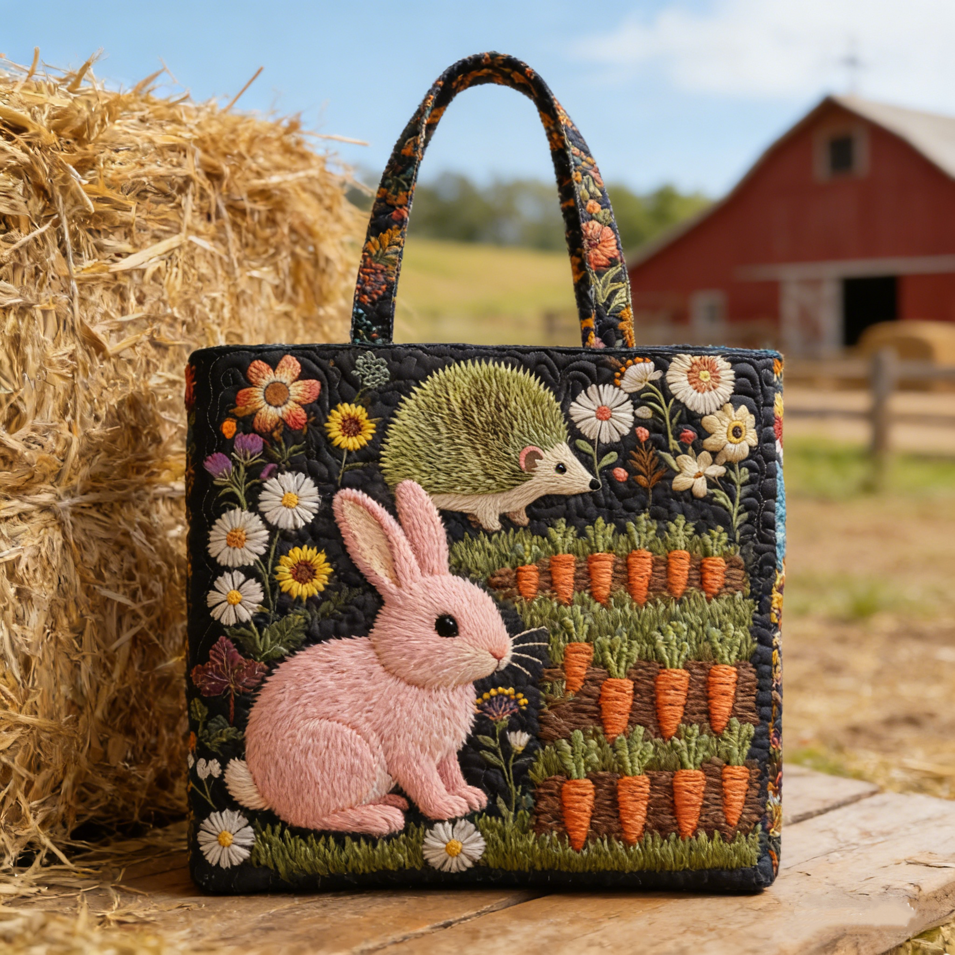 Charming Farm Bunny-Hedgehog Quilted Tote Bag