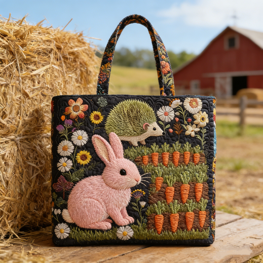 Charming Farm Bunny-Hedgehog Quilted Tote Bag