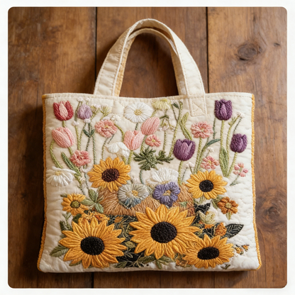 Stitched Flower Field : Bright Sunflower & Floral Design for Outdoor Vibes Quilted Tote Bag