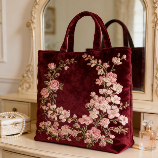 Burgundy Floral Velvet Quilted Tote Bag UYVD2845