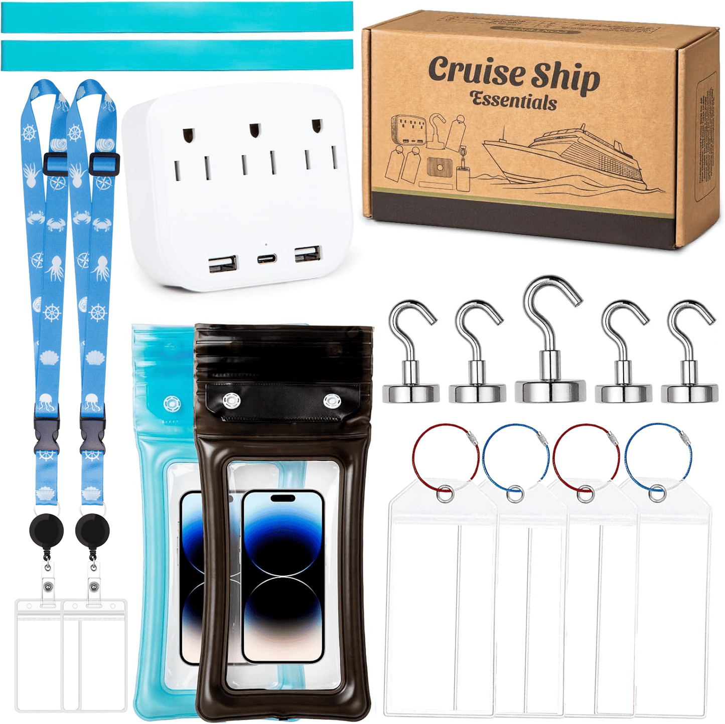 Cruise Essentials 2026- Cruise Must Haves Kit with Non-Surge Protector Power Strip, Lanyard with ID Holder, Magnetic Hoo 10