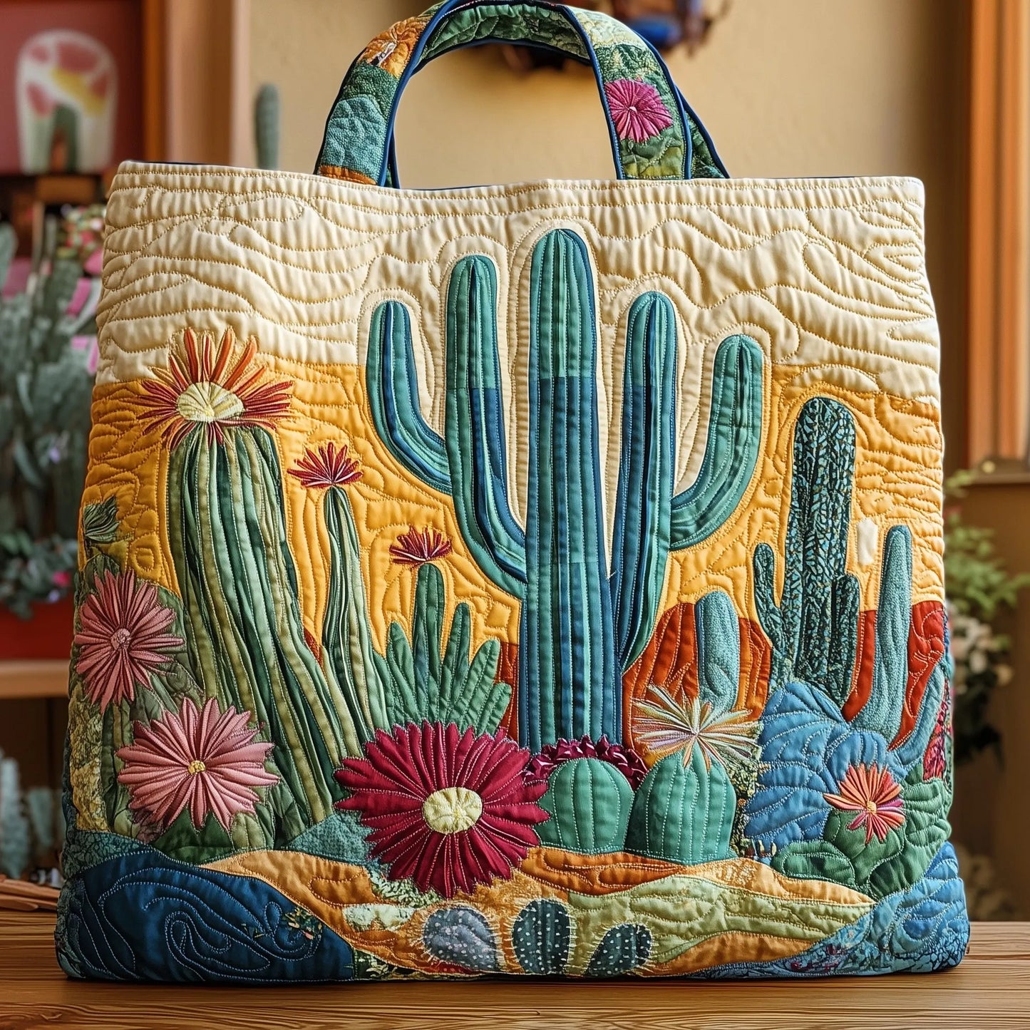 Colorful Cactus Heaven Quilted Tote Bag