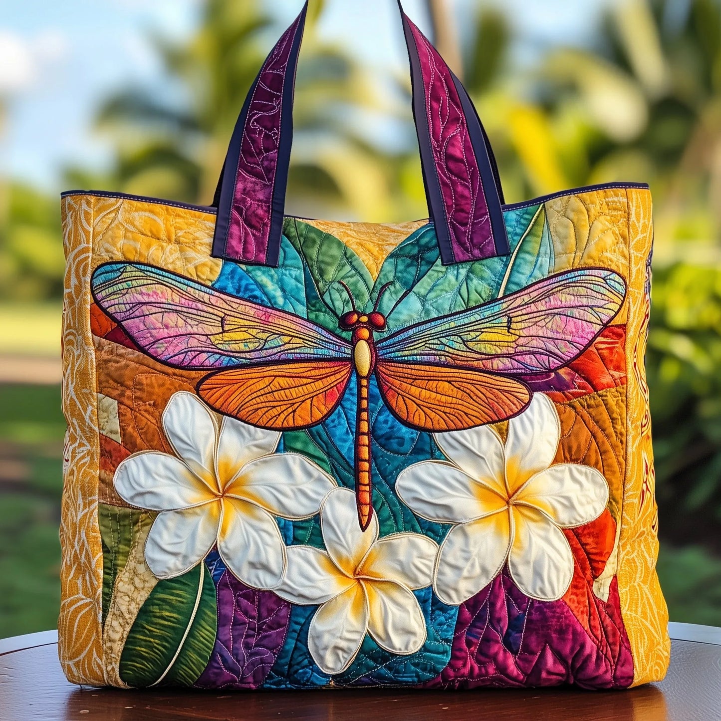 Plumeria Dragonfly Quilted Tote Bag