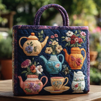 Floral Teapot Quilted Tote Bag