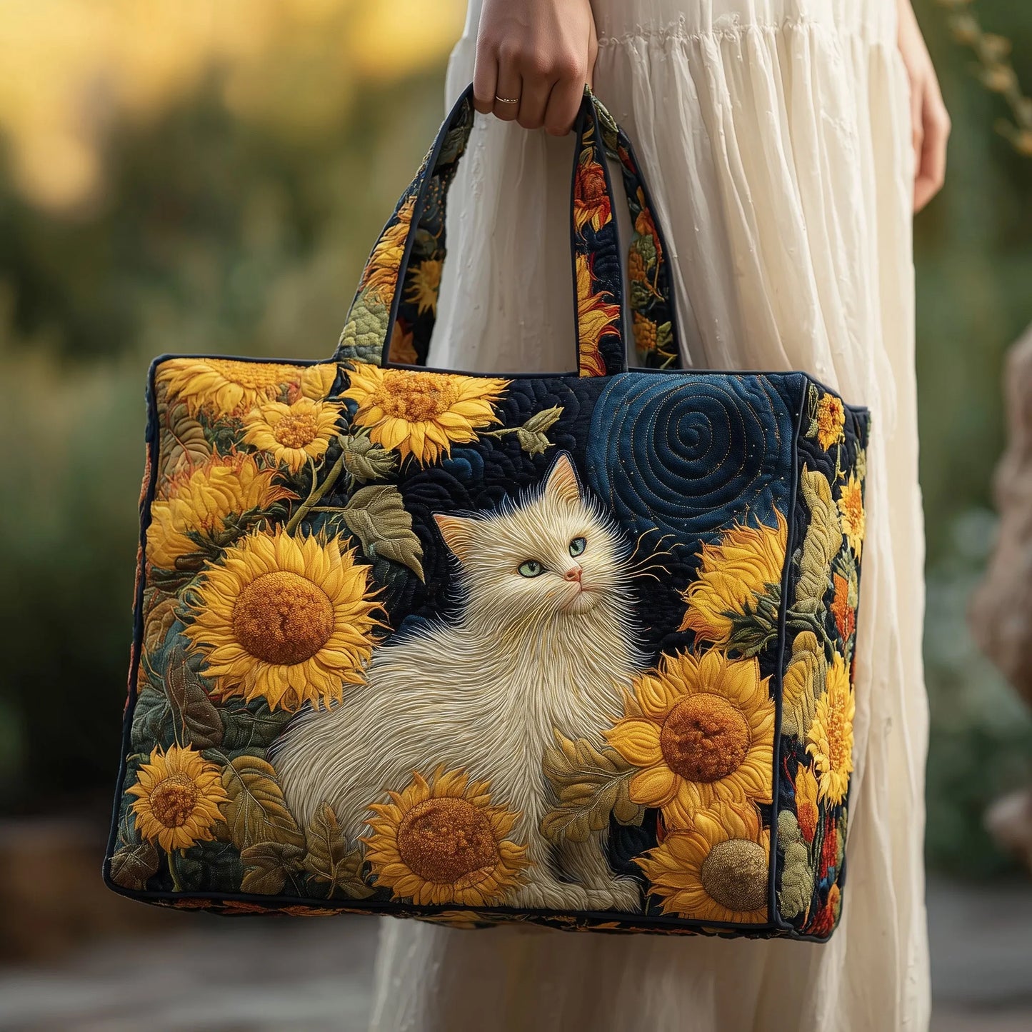 Sunflower Cat Quilted Tote Bag