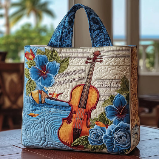 Elegant Violin Quilted Tote Bag