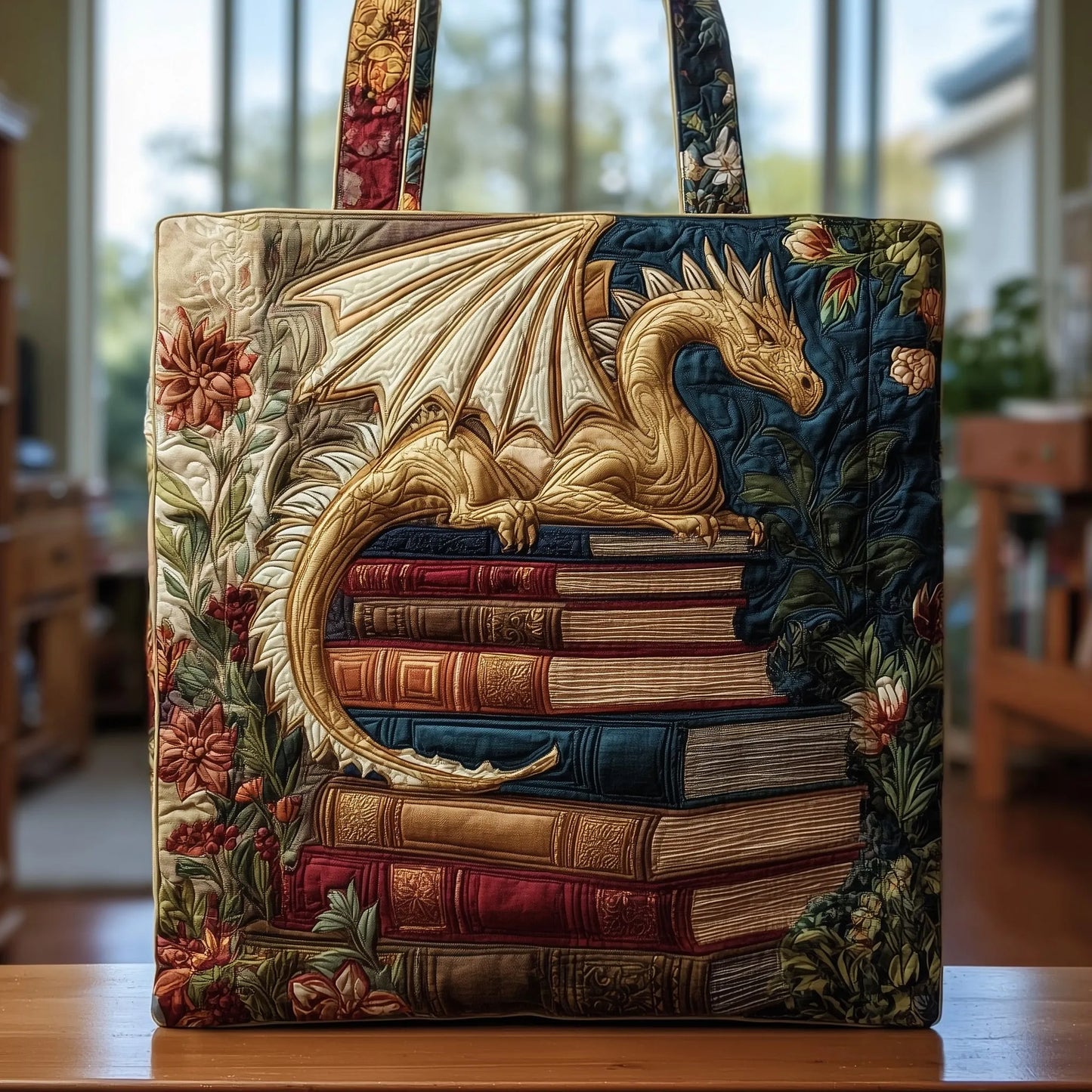 Book Dragon Quilted Tote Bag