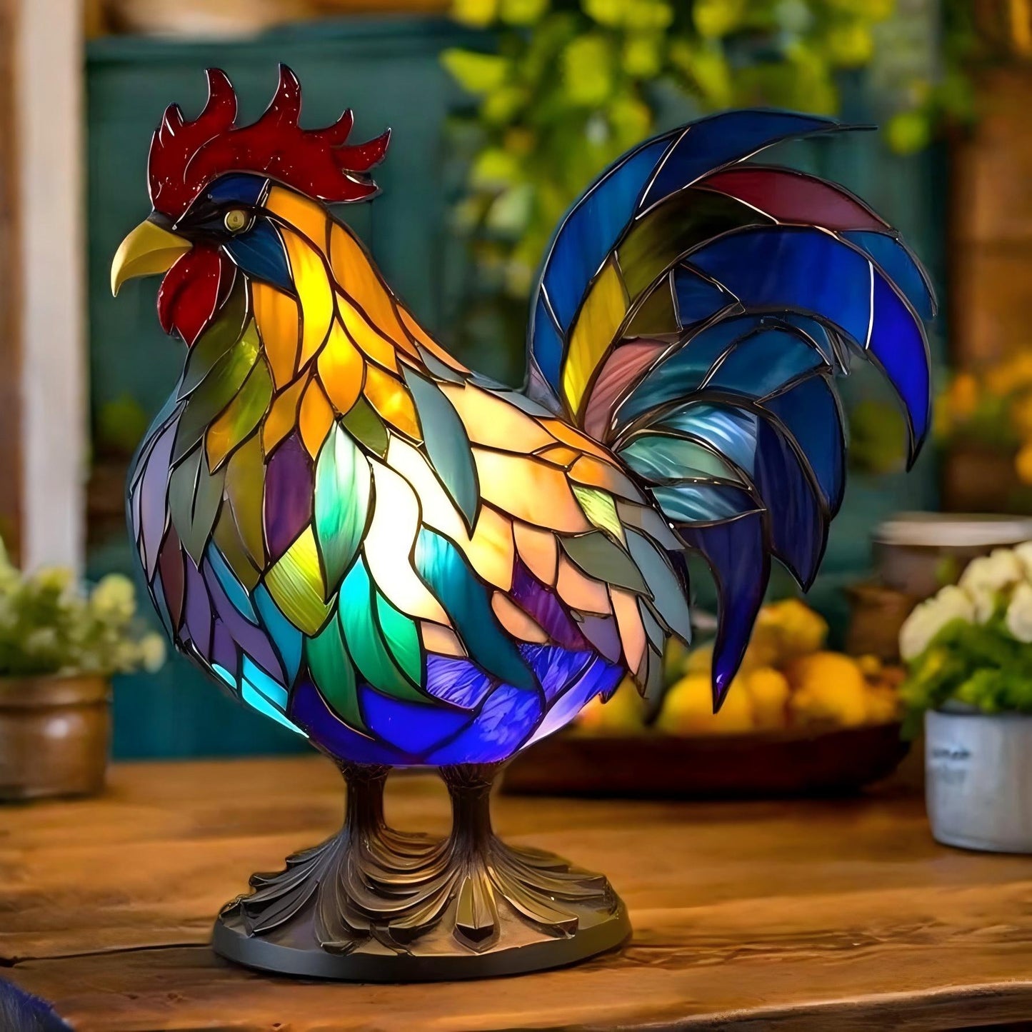 Vibrant Rooster Resin Art Lamp