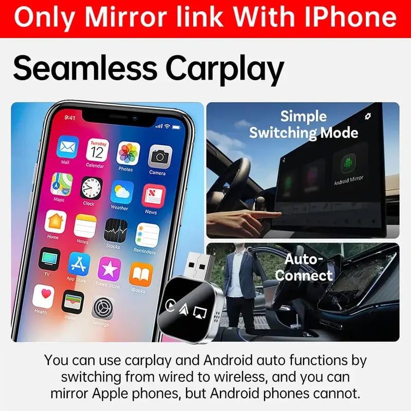 2026 Upgrade 3 in 1 Screen Mirror iOS Phone, wired to wireless Carplay adapter 4