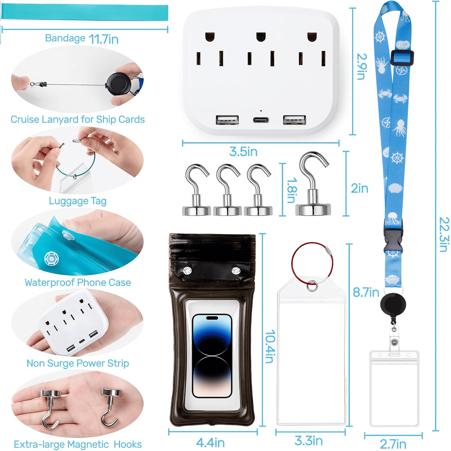 Cruise Essentials 2026- Cruise Must Haves Kit with Non-Surge Protector Power Strip, Lanyard with ID Holder, Magnetic Hoo 9