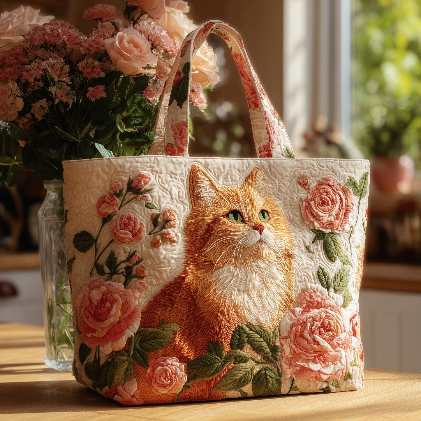 Cute Kittens and Flowers Quilted Tote Bag  Animal print