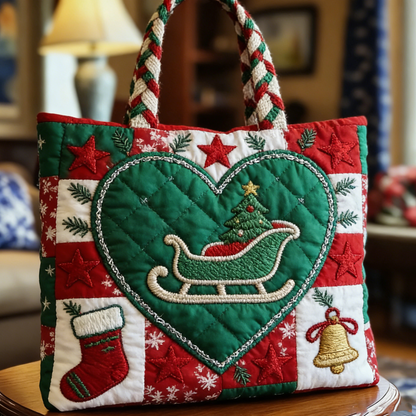 Quilted Christmas Sleigh Heart Tote Bag Quilted Tote Bag
