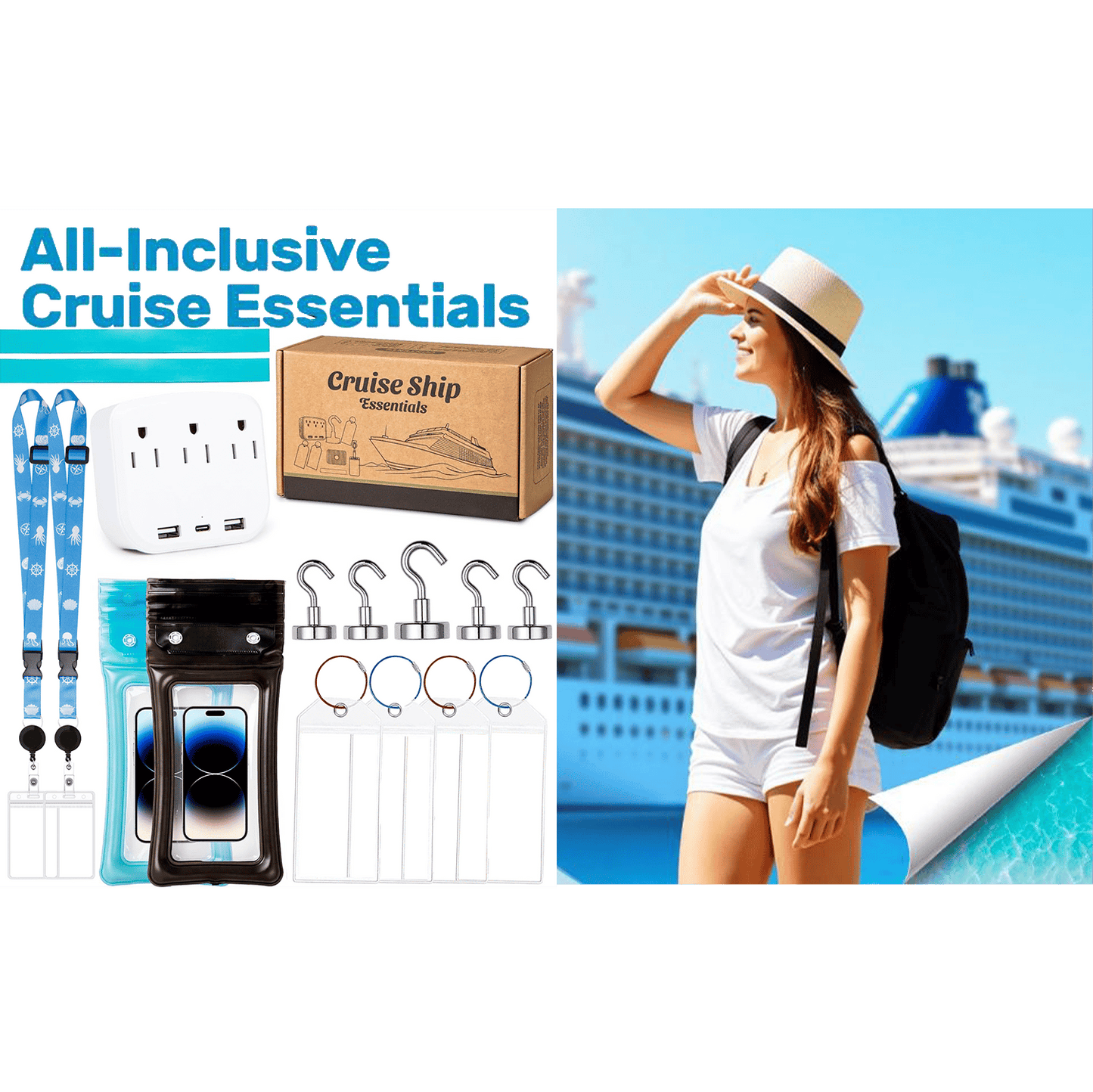 Cruise Essentials 2026- Cruise Must Haves Kit with Non-Surge Protector Power Strip, Lanyard with ID Holder, Magnetic Hoo 7