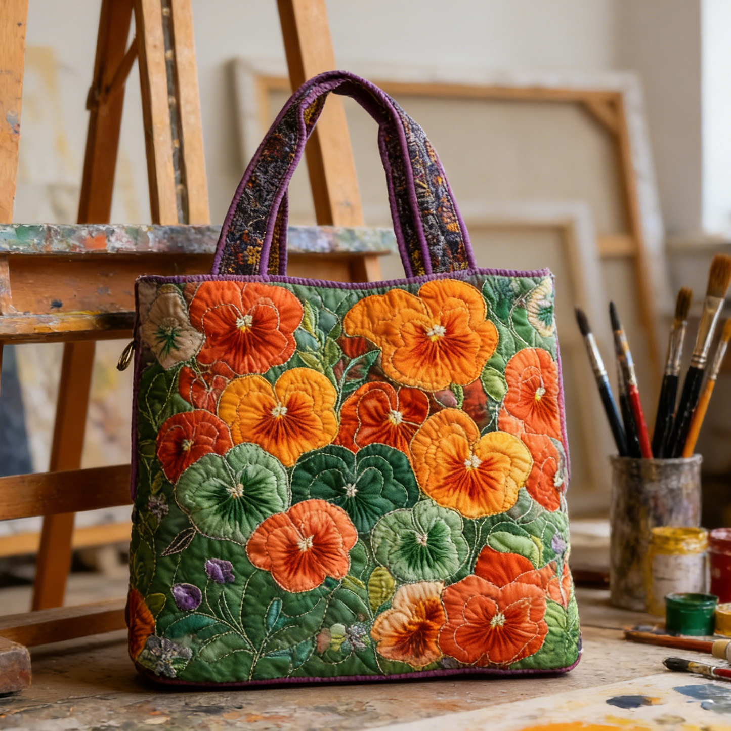 Green & Orange Pansy Quilted Tote Bag