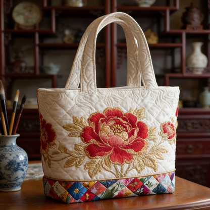 Red Peony Gold Quilted Tote Bag