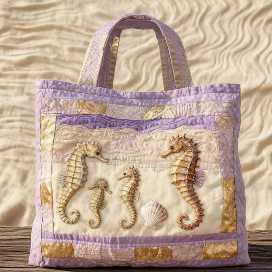 Lavender Gold Seahorse Quilted Tote Bag
