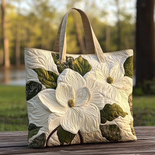White Magnolia Quilted Tote Bag  botanical print