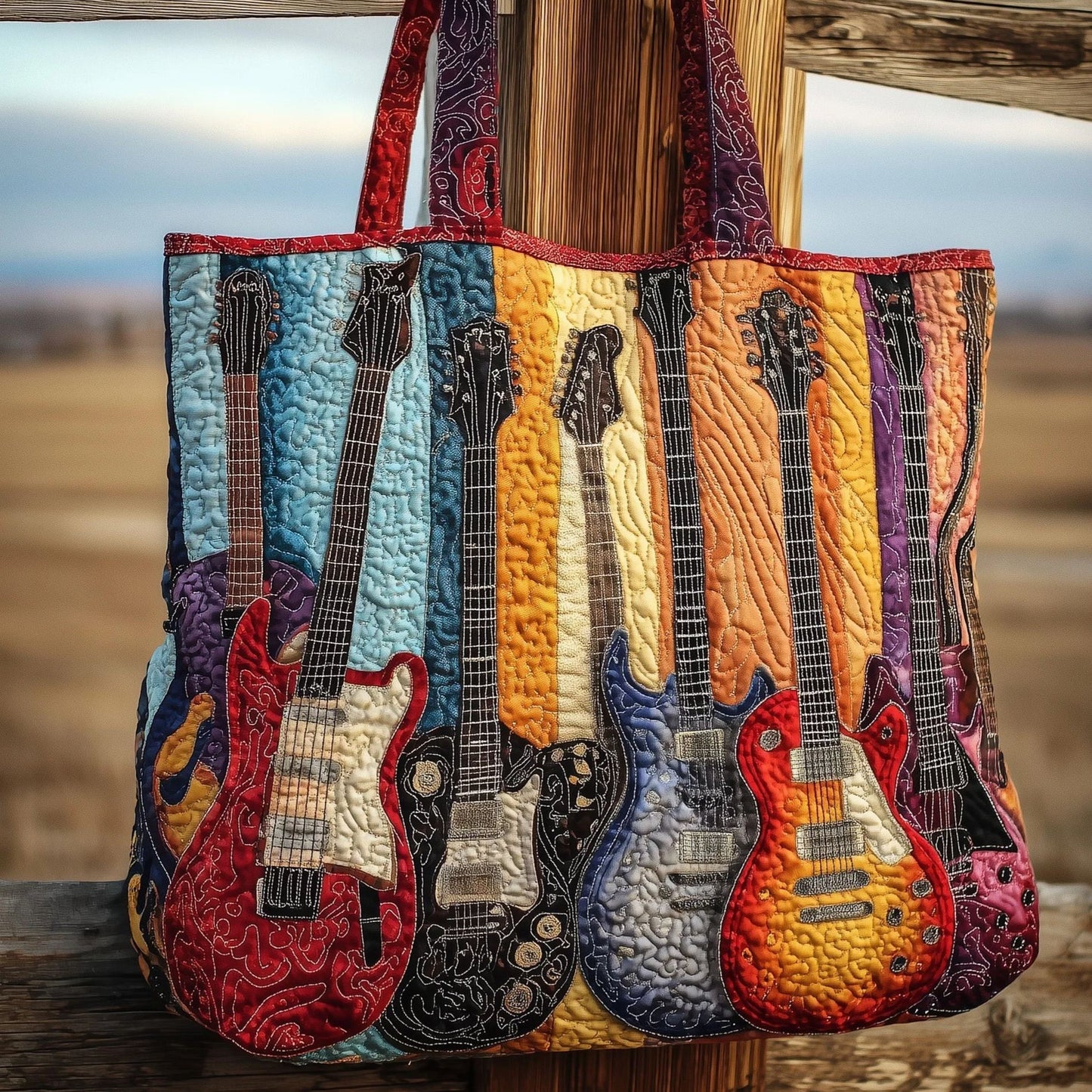 Rustic Guitar Quilted Tote Bag