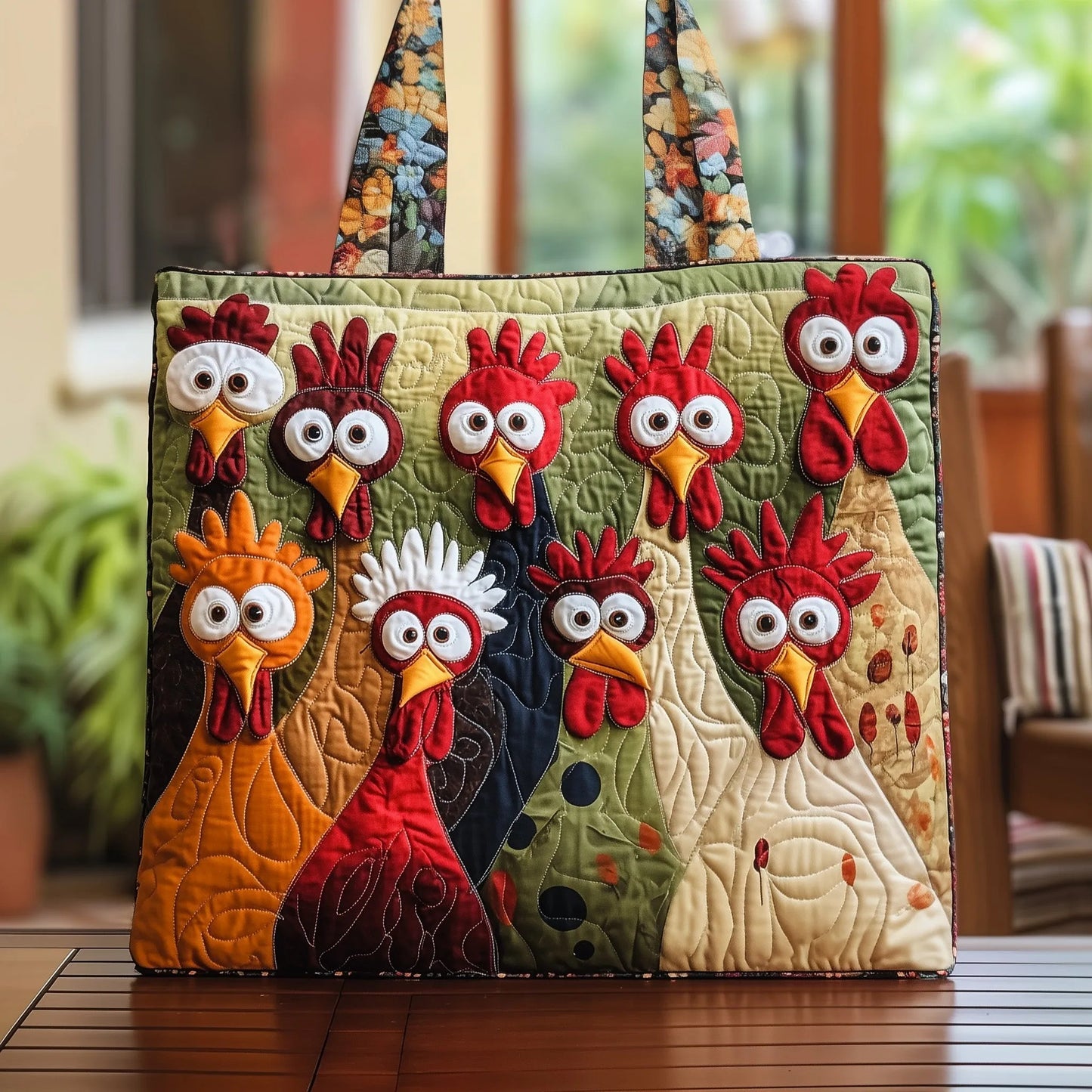 Whimsical Chicken Quilted Tote Bag