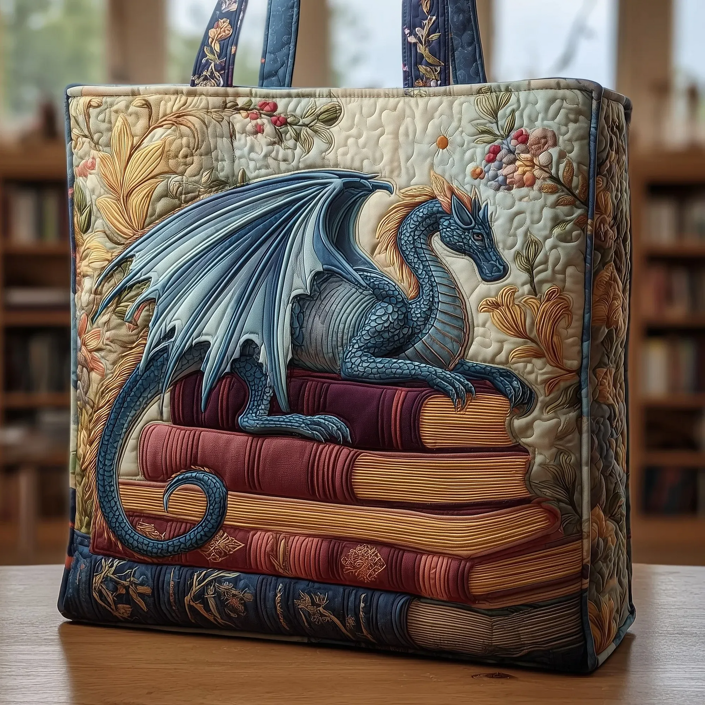 Book Dragon Quilted Tote Bag