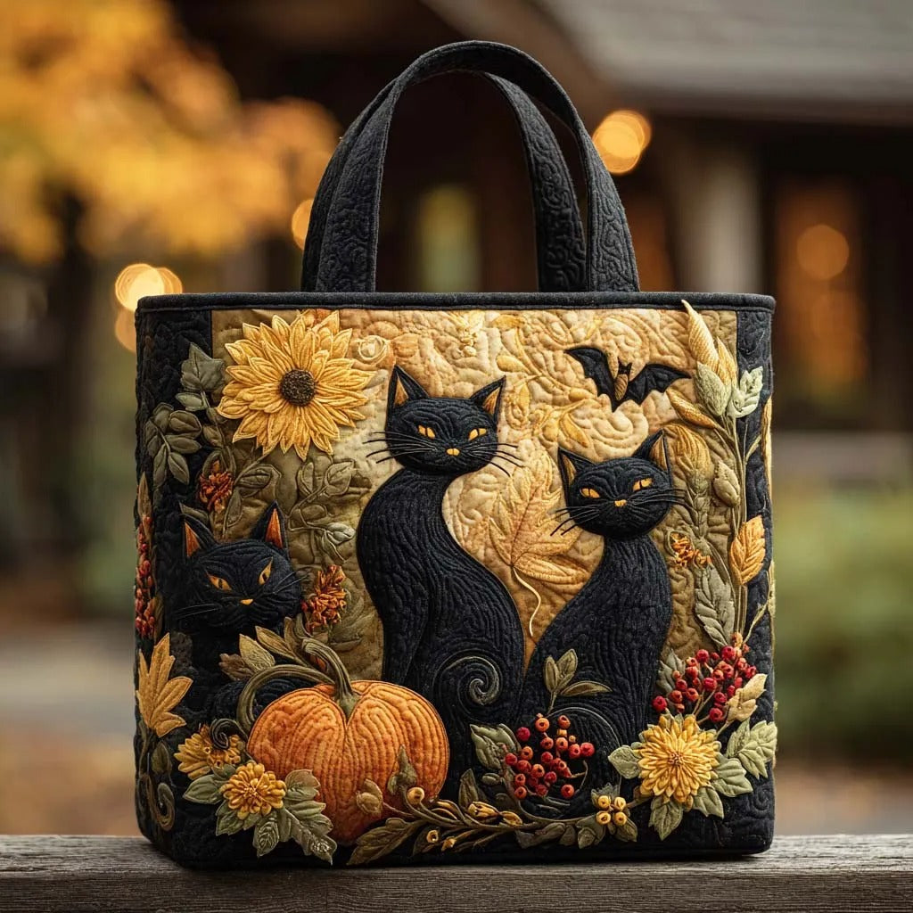 Midnight Harvest Cat Quilted Tote Bag