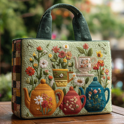 Floral Teapot Quilted Tote Bag