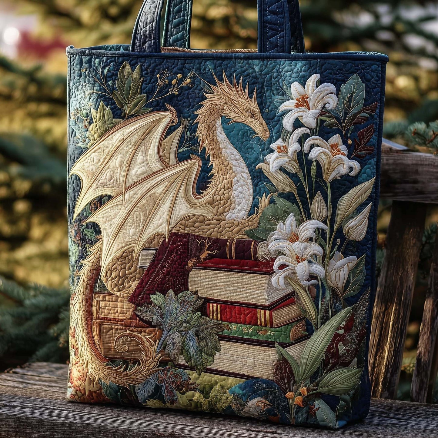 Floral Dragon Quilted Tote Bag