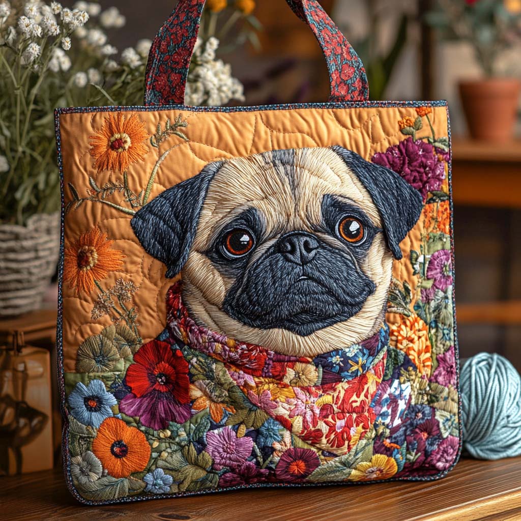 Garden Pug Bliss Quilted Tote Bag