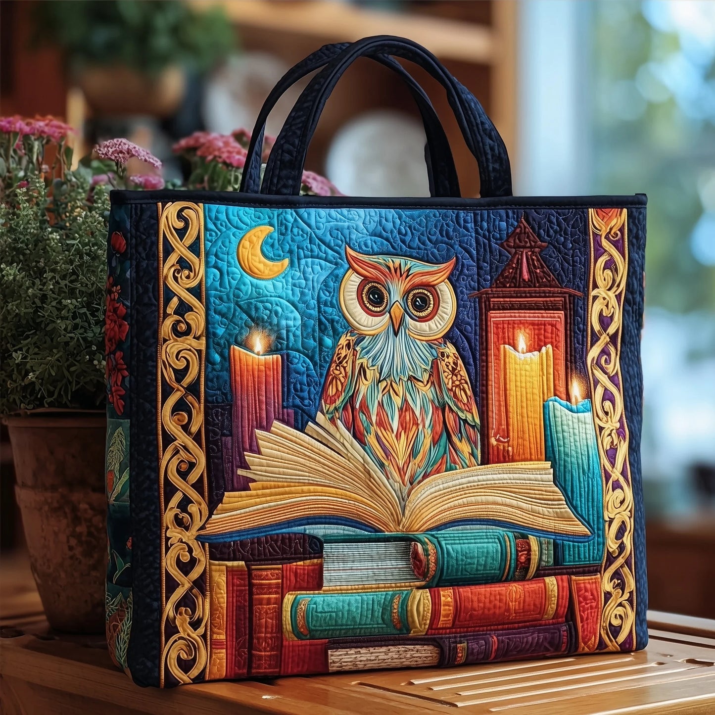 Reading Owl Quilted Tote Bag