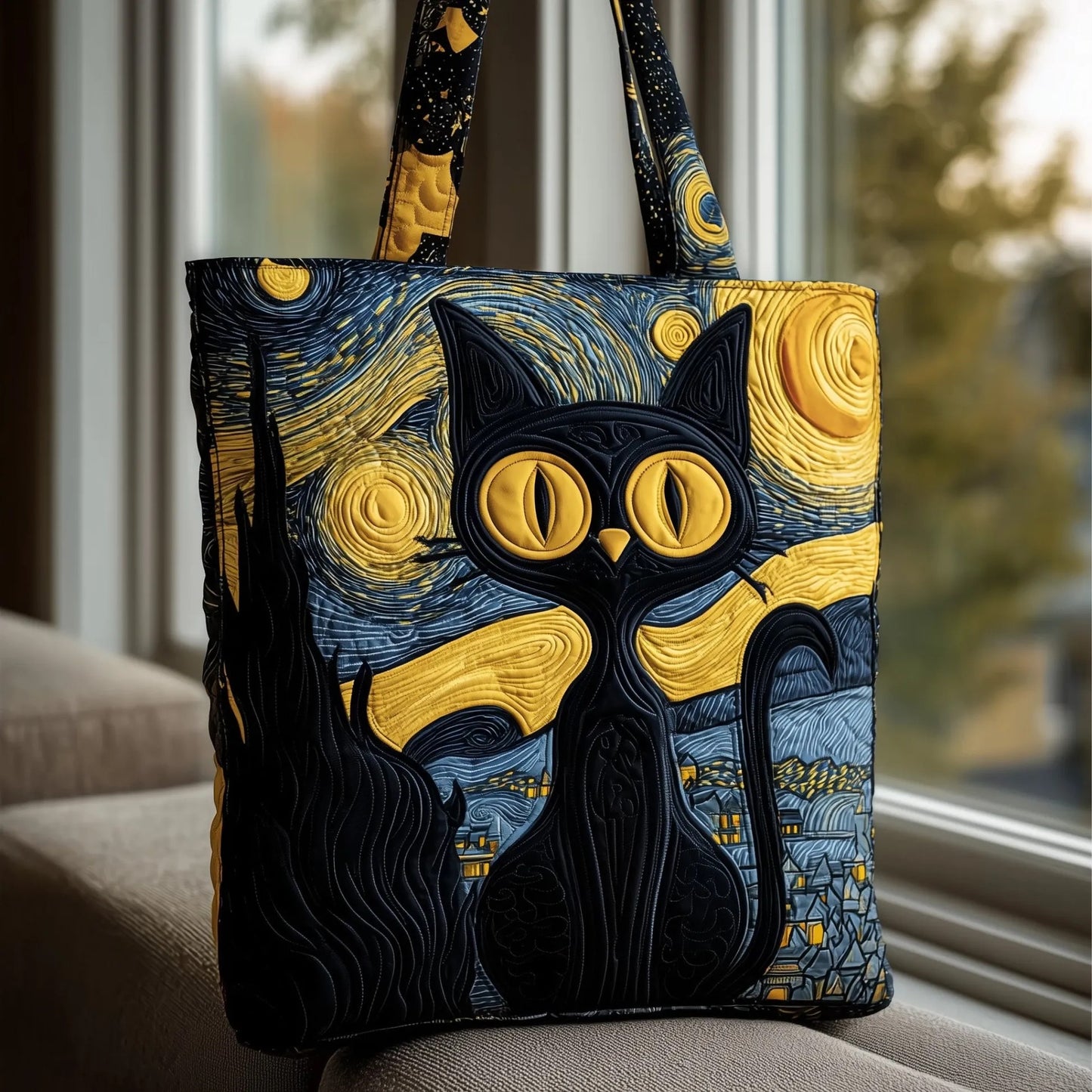 Starry Night Cat Quilted Tote Bag