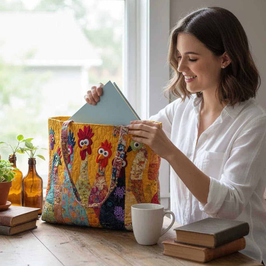 Funky Chicken Quilted Tote Bag